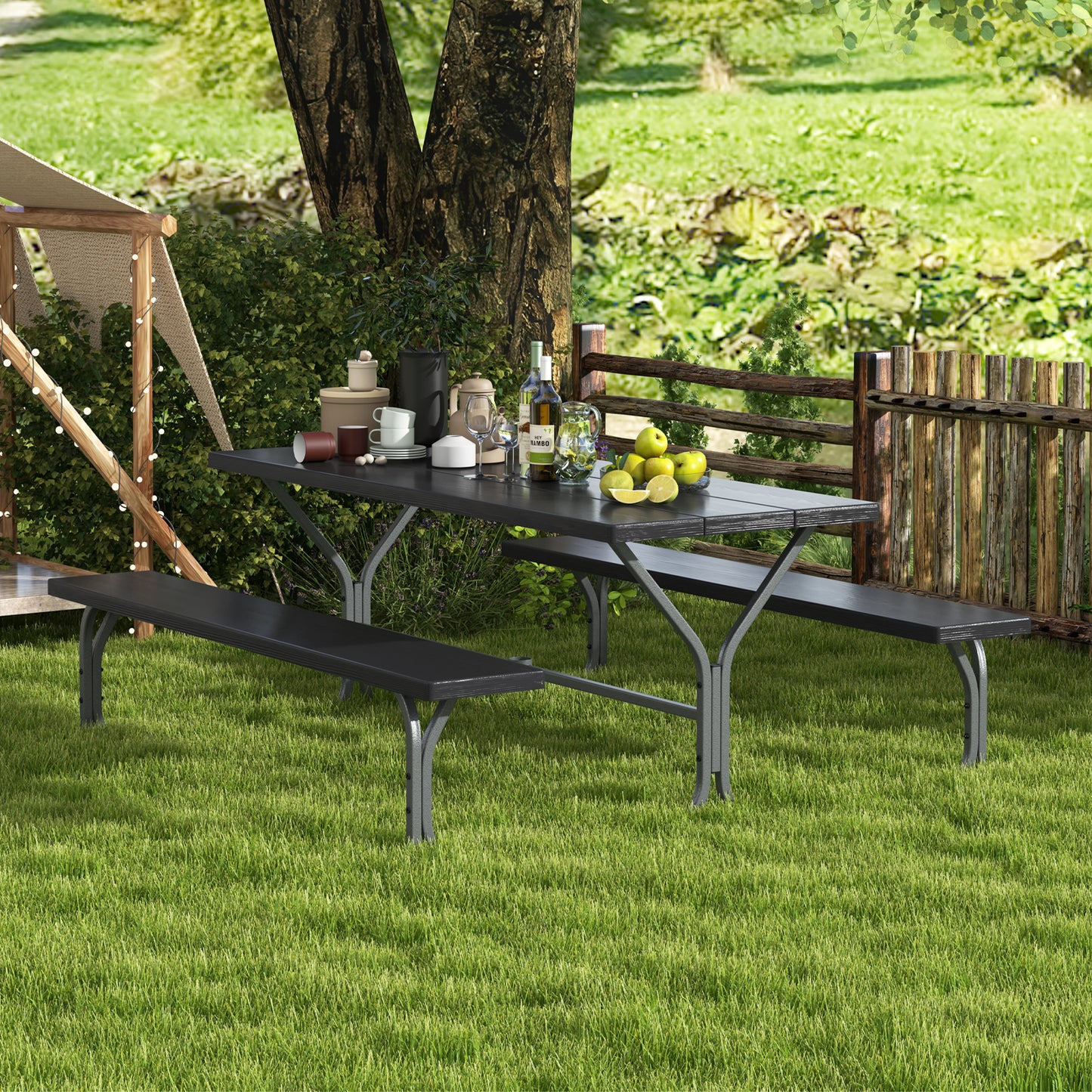 6 Feet Picnic Table Bench Set with HDPE Tabletop for 8 Person-Gray