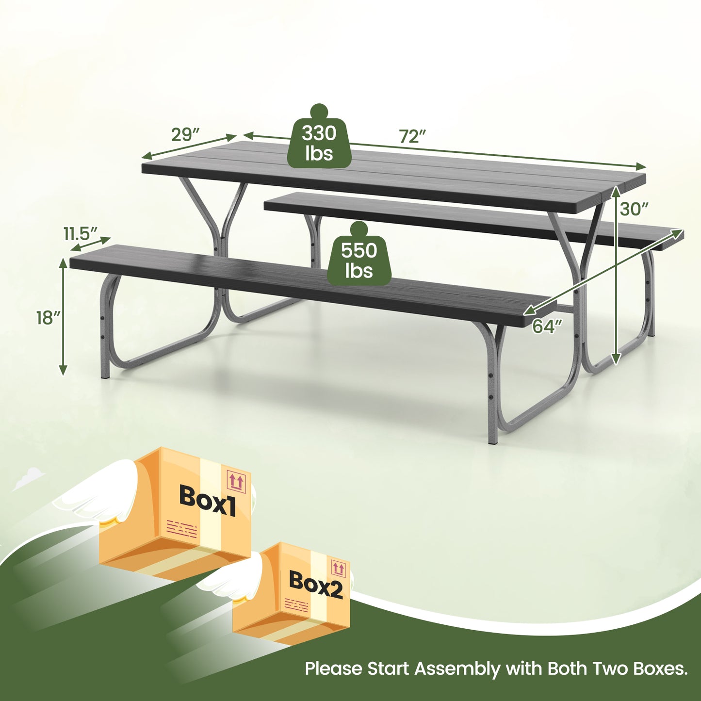 6 Feet Picnic Table Bench Set with HDPE Tabletop for 8 Person-Gray