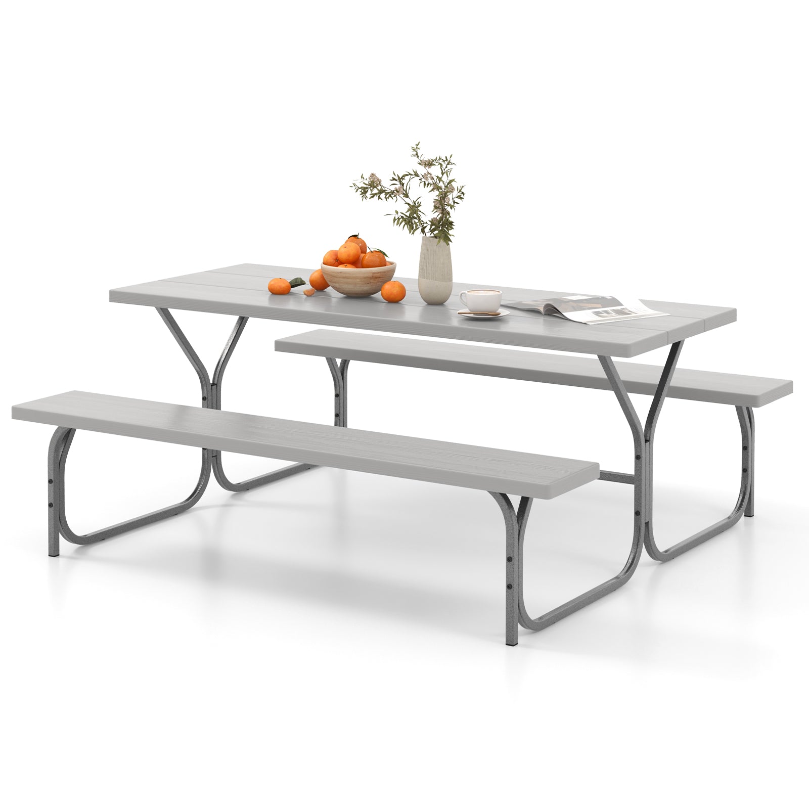 6 FT Picnic Table Bench Set Dining Table and 2 Benches with Metal Frame and HDPE Tabletop-Green - Gray