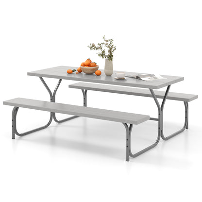6 FT Picnic Table Bench Set Dining Table and 2 Benches with Metal Frame and HDPE Tabletop-Green - Gray