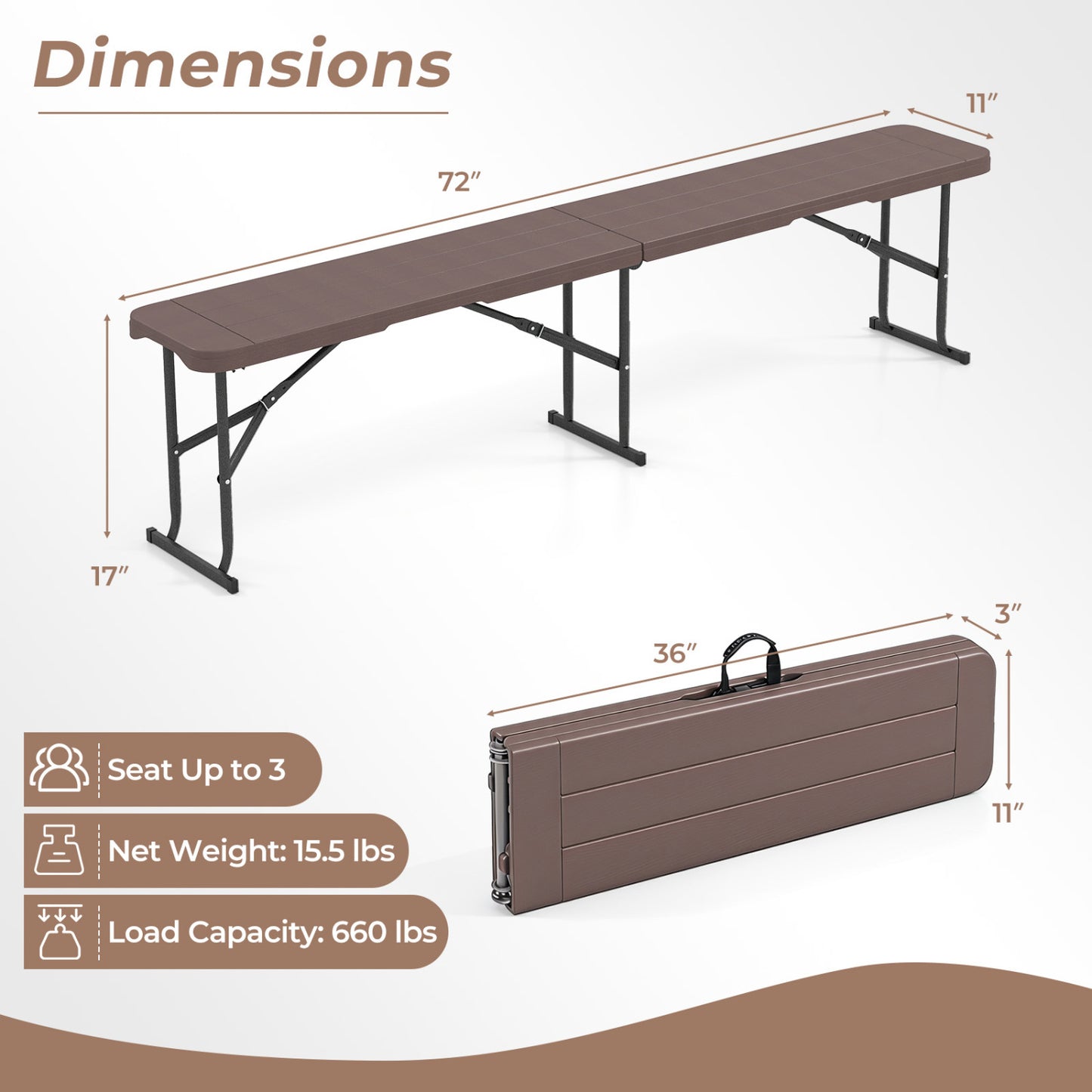 6 Foot Folding Bench with Carrying Handle - 660 lb Capacity