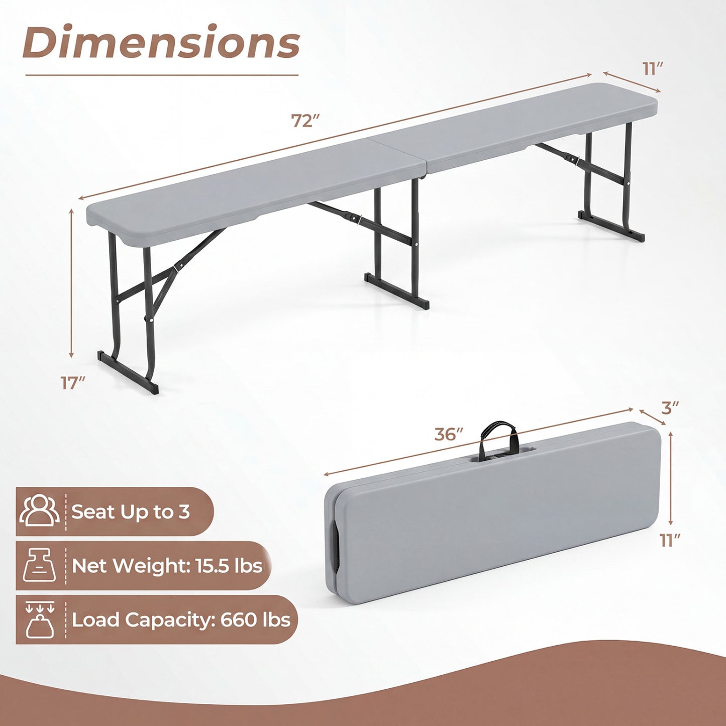 6 Foot Folding Bench with Carrying Handle - 660 lb Capacity
