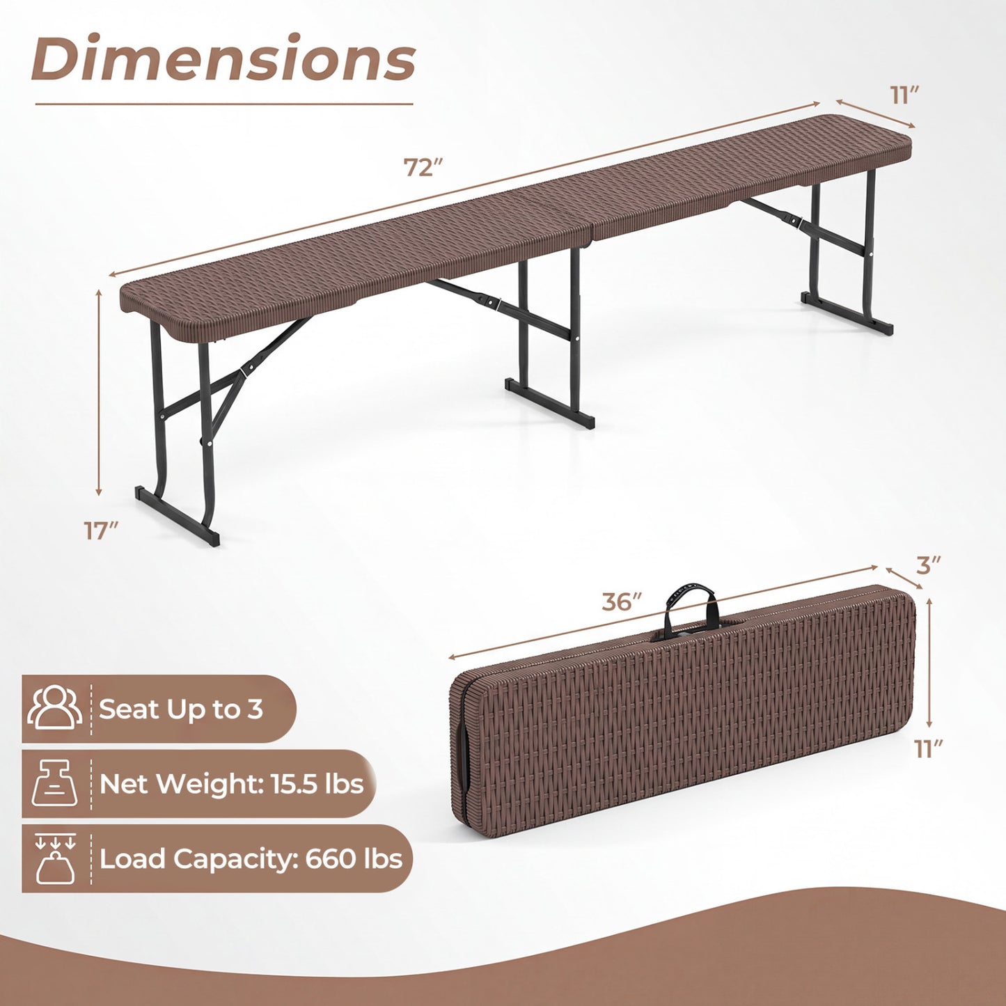 6 Foot Folding Bench with Carrying Handle - 660 lb Capacity