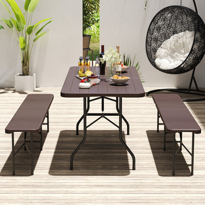 6 Feet Folding Table with Wood Grain HDPE Tabletop and Safe Lock Mechanism