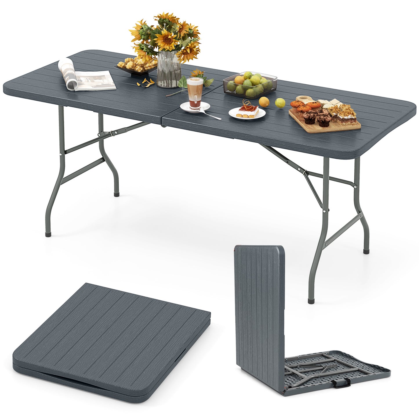 6 Feet Folding Table with Wood Grain HDPE Tabletop and Safe Lock Mechanism-Brown - Gray