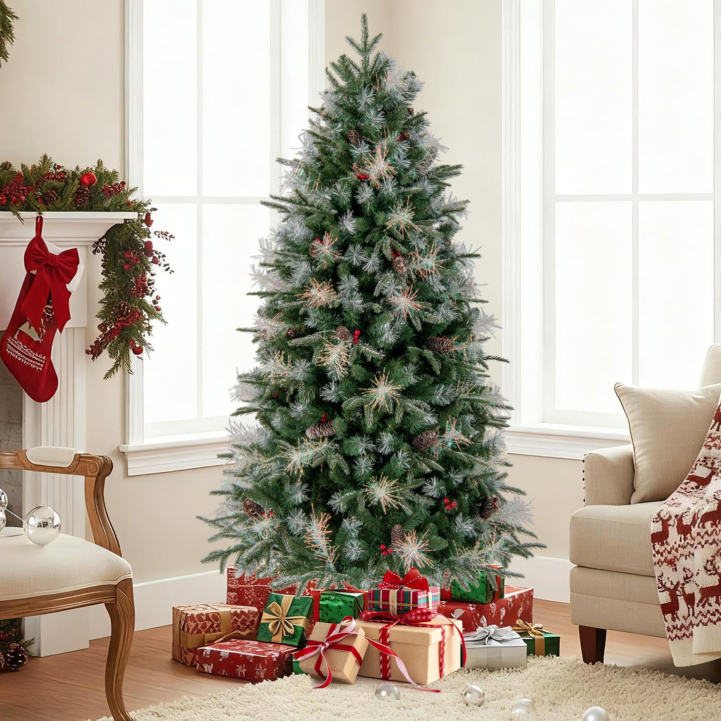 6 Feet Pre-Lit Artificial Christmas Tree with 8 Modes LED Lights with Berries