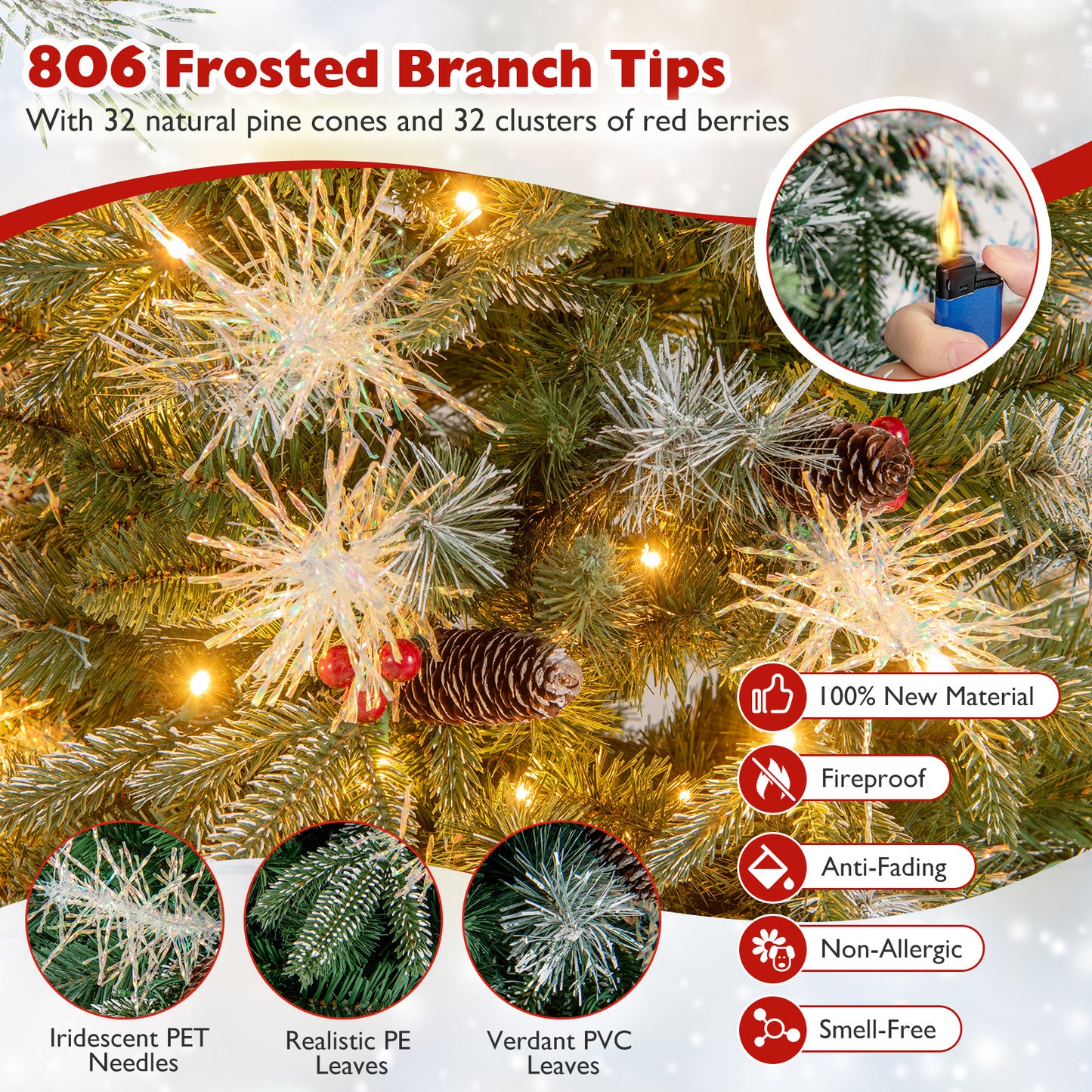6 Feet Pre-Lit Artificial Christmas Tree with 8 Modes LED Lights with Berries