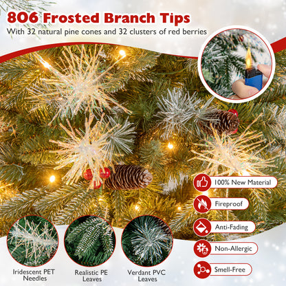 6 Feet Pre-Lit Artificial Christmas Tree with 8 Modes LED Lights with Berries