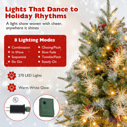 6 Feet Pre-Lit Artificial Christmas Tree with 8 Modes LED Lights with Berries