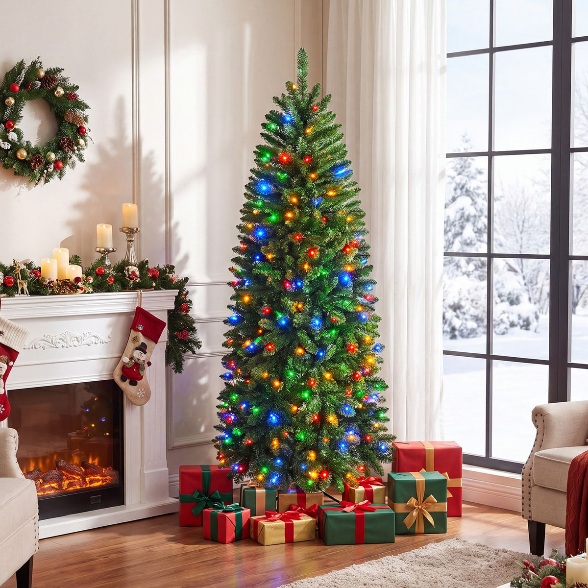 6 Feet Pre-Lit Artificial Christmas Tree with 300/250/170/380 Warm White and Multi