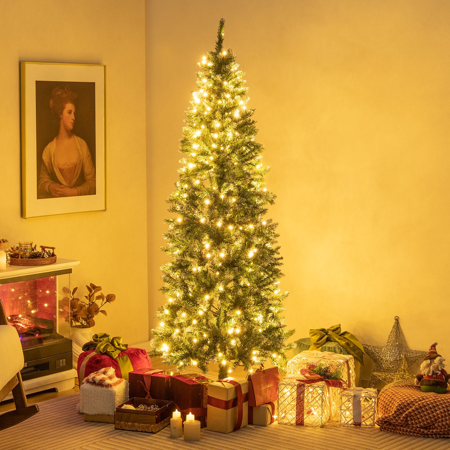 6 Feet Pre-Lit Artificial Christmas Tree with 618 Snowy Branch Tips