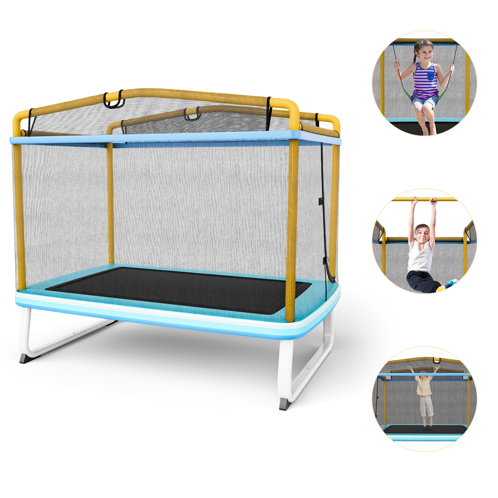 6 Feet Rectangle Trampoline with Swing Horizontal Bar and Safety Net-Orange - Yellow