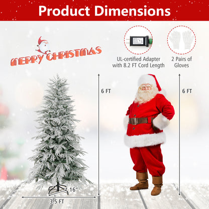 6 Feet Snow-flocked Artificial Christmas Tree Pre-lit Hinged Xmas Tree with Warm White LED Lights