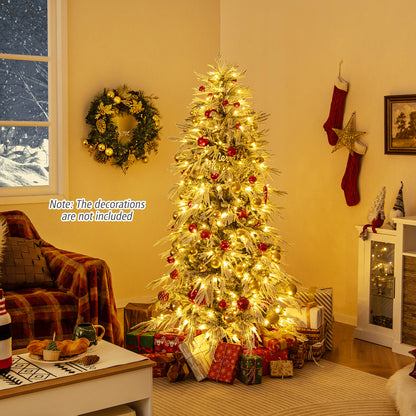 6 Feet Snow-flocked Artificial Christmas Tree Pre-lit Hinged Xmas Tree with Warm White LED Lights