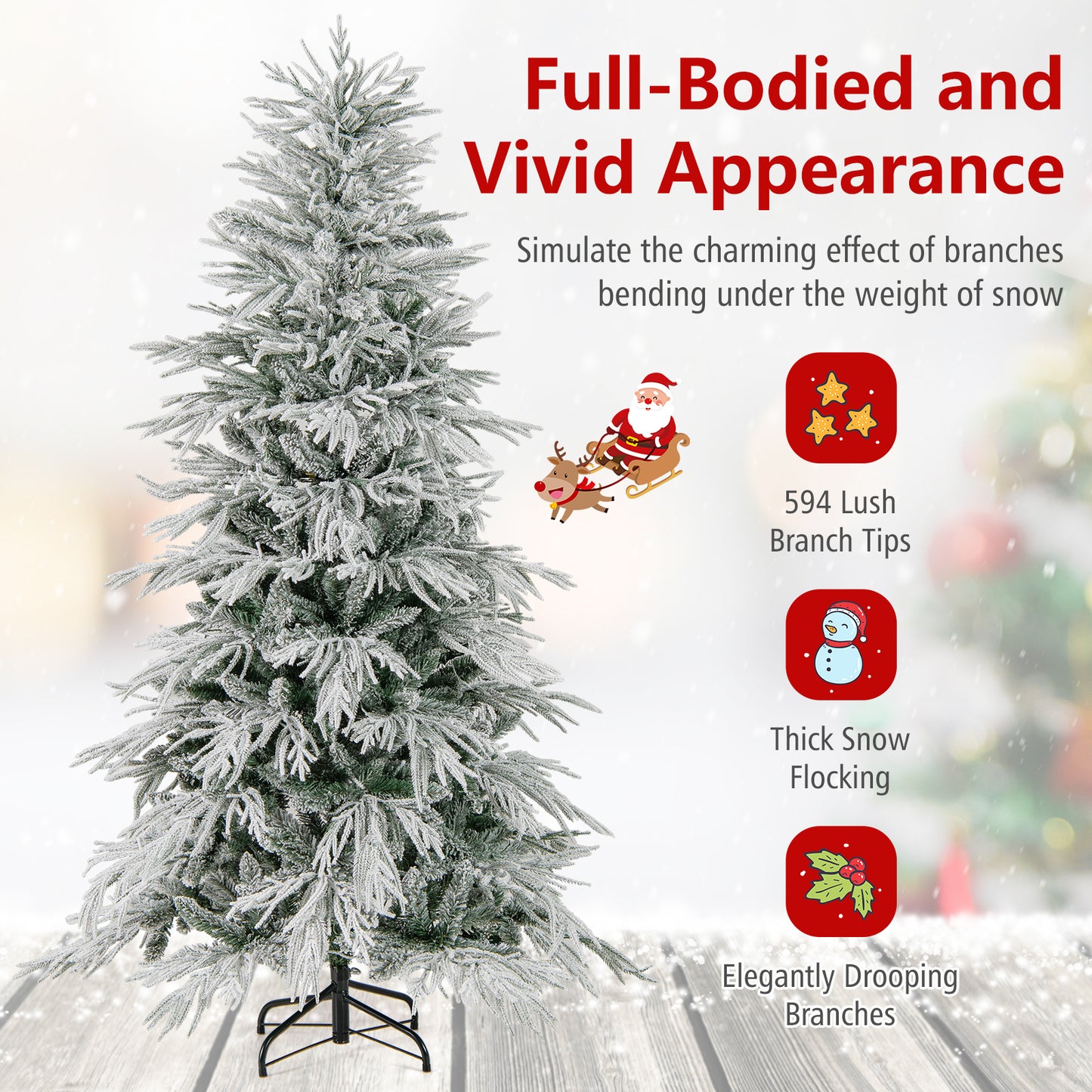 6 Feet Snow-flocked Artificial Christmas Tree Pre-lit Hinged Xmas Tree with Warm White LED Lights