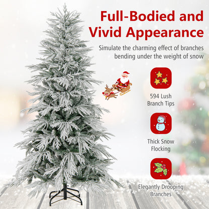 6 Feet Snow-flocked Artificial Christmas Tree Pre-lit Hinged Xmas Tree with Warm White LED Lights