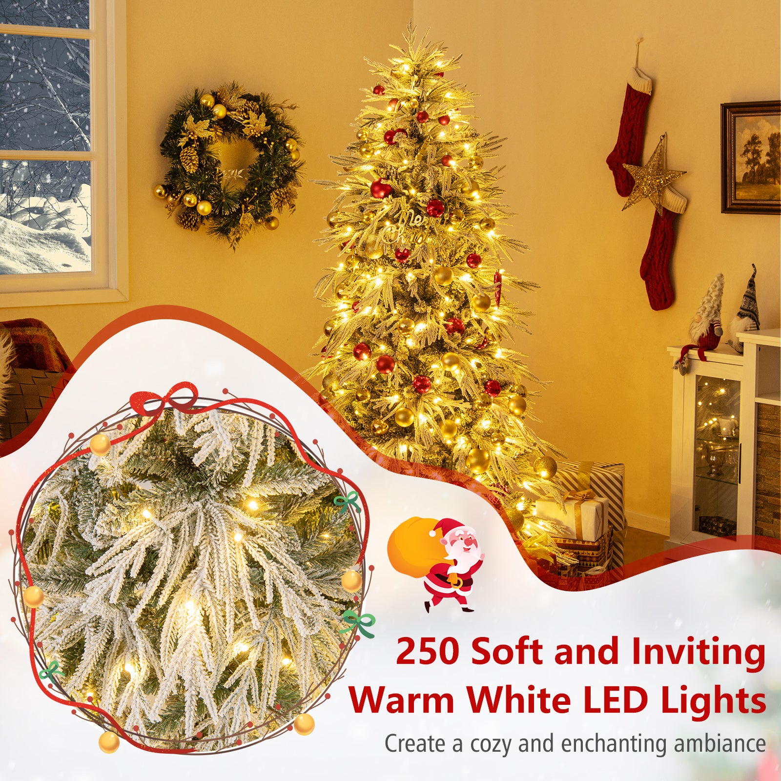 6 Feet Snow-flocked Artificial Christmas Tree Pre-lit Hinged Xmas Tree with Warm White LED Lights