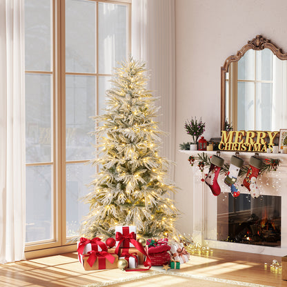 6 Feet Snow-flocked Artificial Christmas Tree Pre-lit Hinged Xmas Tree with Warm White LED Lights