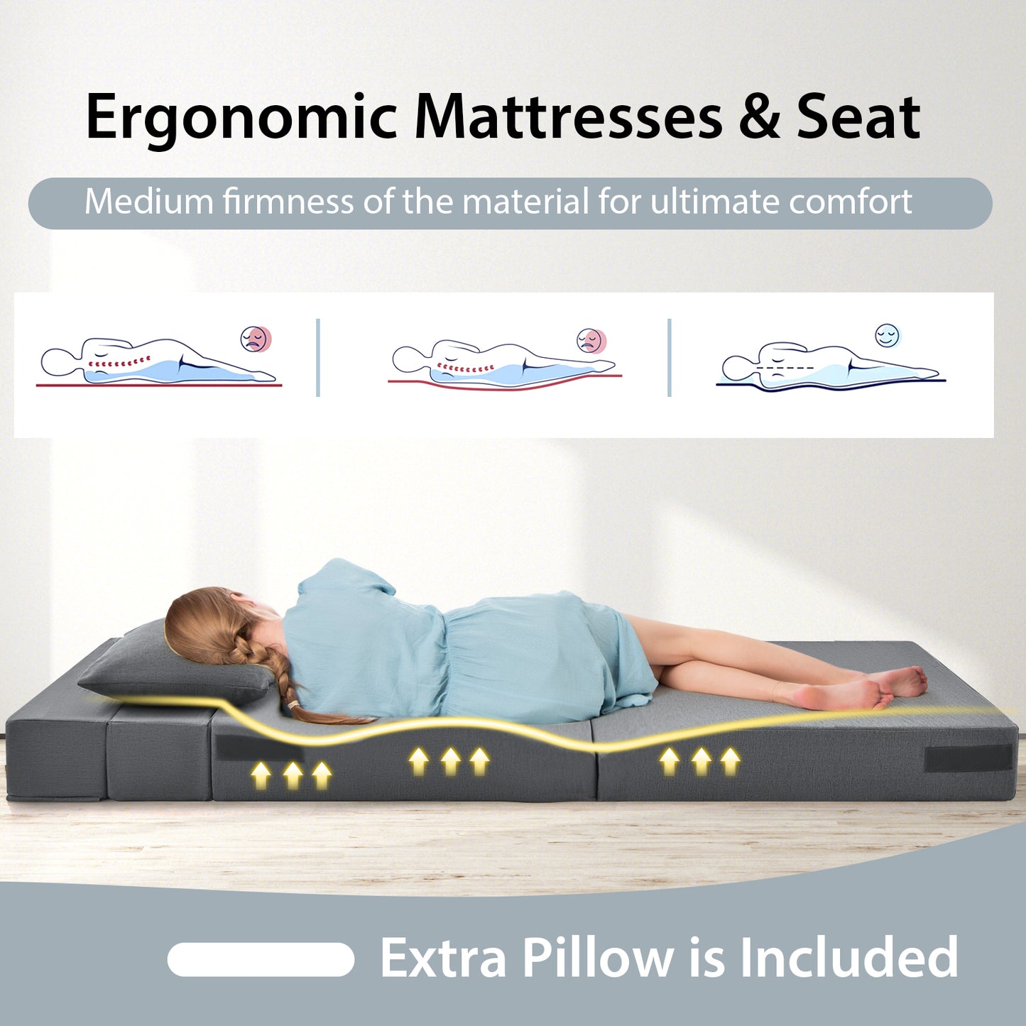 6 Inch Tri-fold Sofa Bed Folding Mattress with Pillow