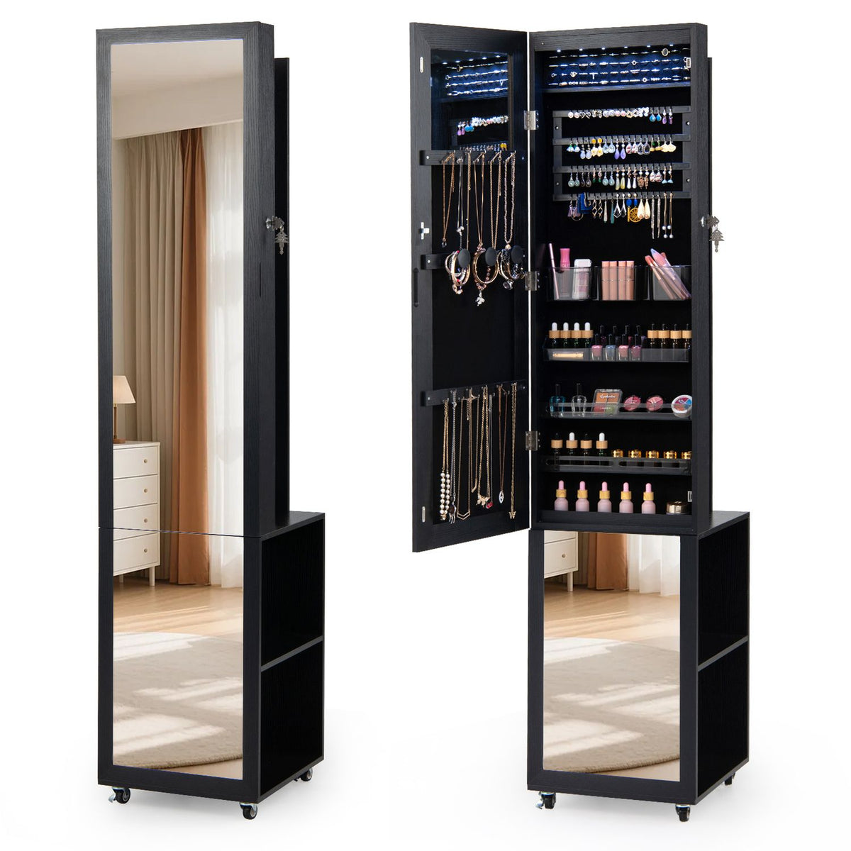 6 LEDs Lockable Jewelry Cabinet with Full Length Mirror and 4 Swivel Carters 3 Storage Shelves