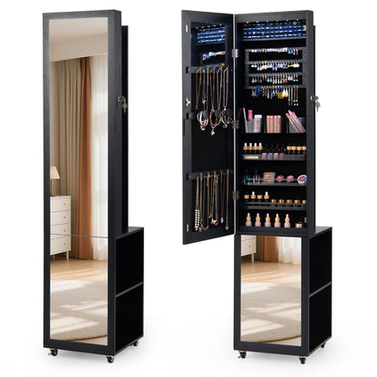6 LEDs Lockable Jewelry Cabinet with Full Length Mirror and 4 Swivel Carters 3 Storage Shelves