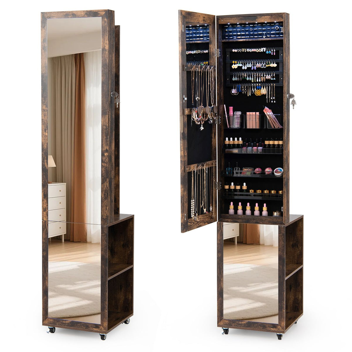 6 LEDs Lockable Jewelry Cabinet with Full Length Mirror and 4 Swivel Carters 3 Storage Shelves