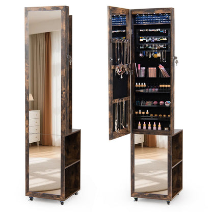 6 LEDs Lockable Jewelry Cabinet with Full Length Mirror and 4 Swivel Carters 3 Storage Shelves