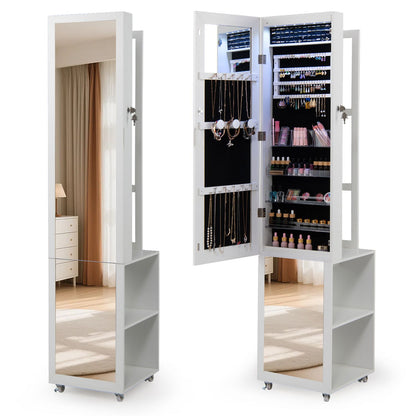 6 LEDs Lockable Jewelry Cabinet with Full Length Mirror and 4 Swivel Carters 3 Storage Shelves