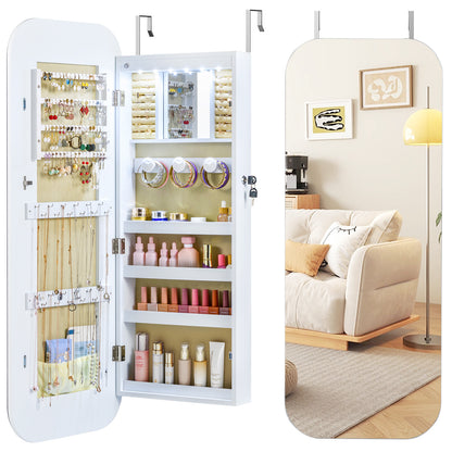 6 LEDs Mirror Jewelry Cabinet Wall or Door Mounted Lockable Jewelry Organizer-White