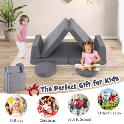 6 Pieces Modular Kids Play Couch Set with Washable Covers for Living Room Playroom-Gray