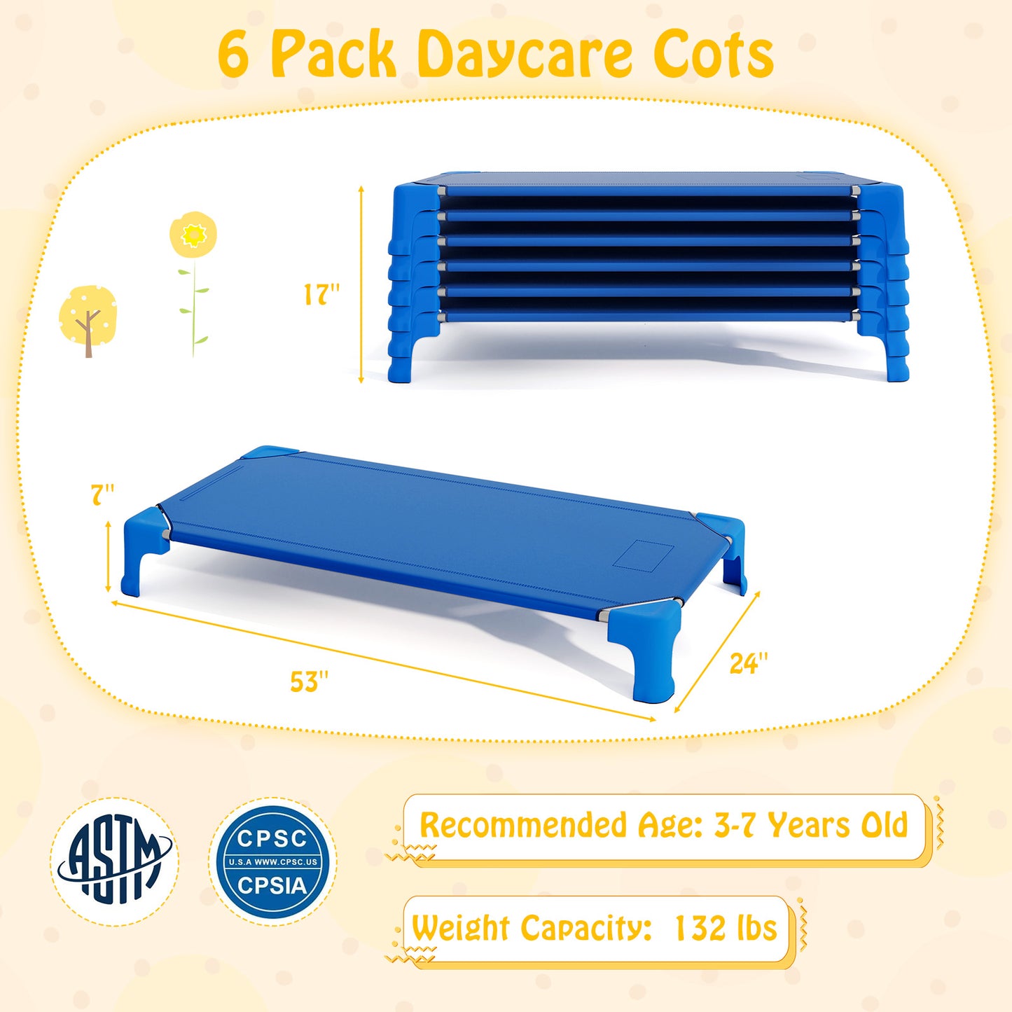 Portable 6 Pack Stackable Daycare Cots Sleeping Bed for Kids 53 Inch
