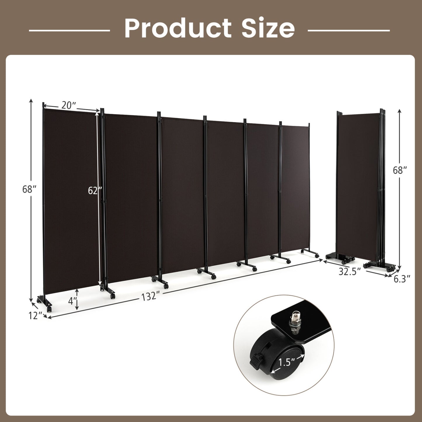 6 Panel Rolling Room Divider on Wheels - 5.7 Feet Tall