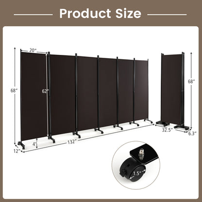 6 Panel Rolling Room Divider on Wheels - 5.7 Feet Tall