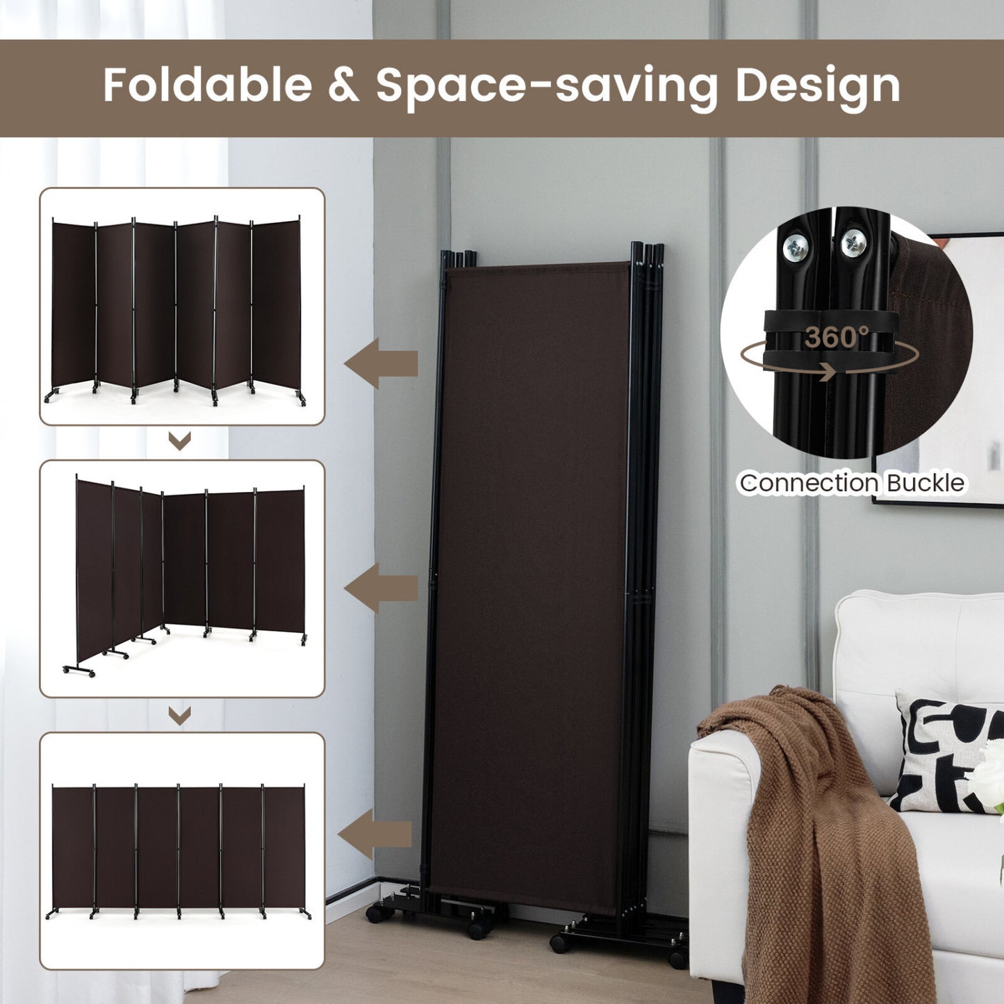 6 Panel Rolling Room Divider on Wheels - 5.7 Feet Tall