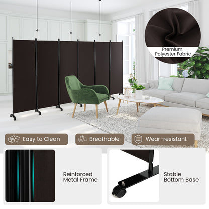 6 Panel Rolling Room Divider on Wheels - 5.7 Feet Tall