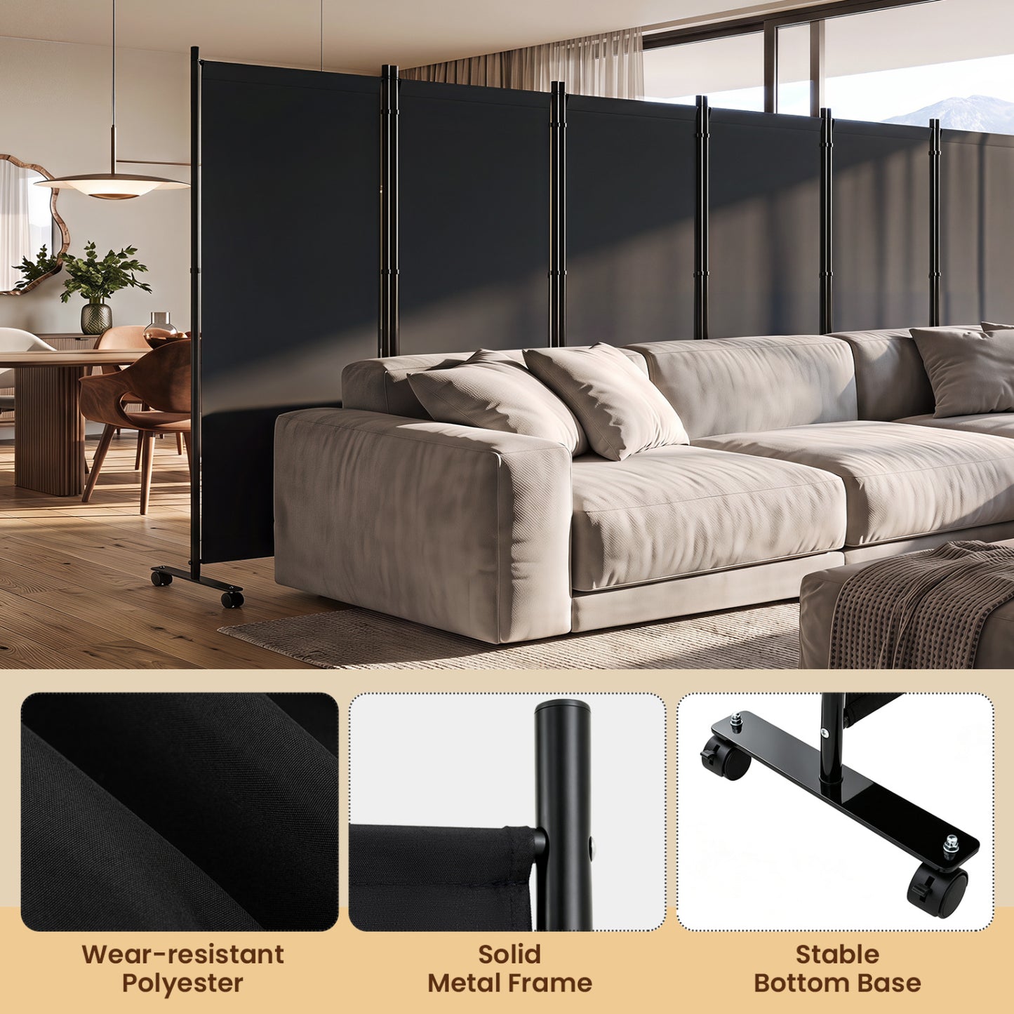 6-Panel Folding Room Divider with Wheels