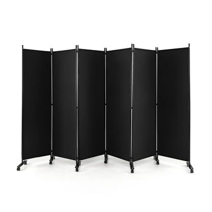 6 Panel 5.7 Feet Tall Rolling Room Divider on Wheels-Black - Black