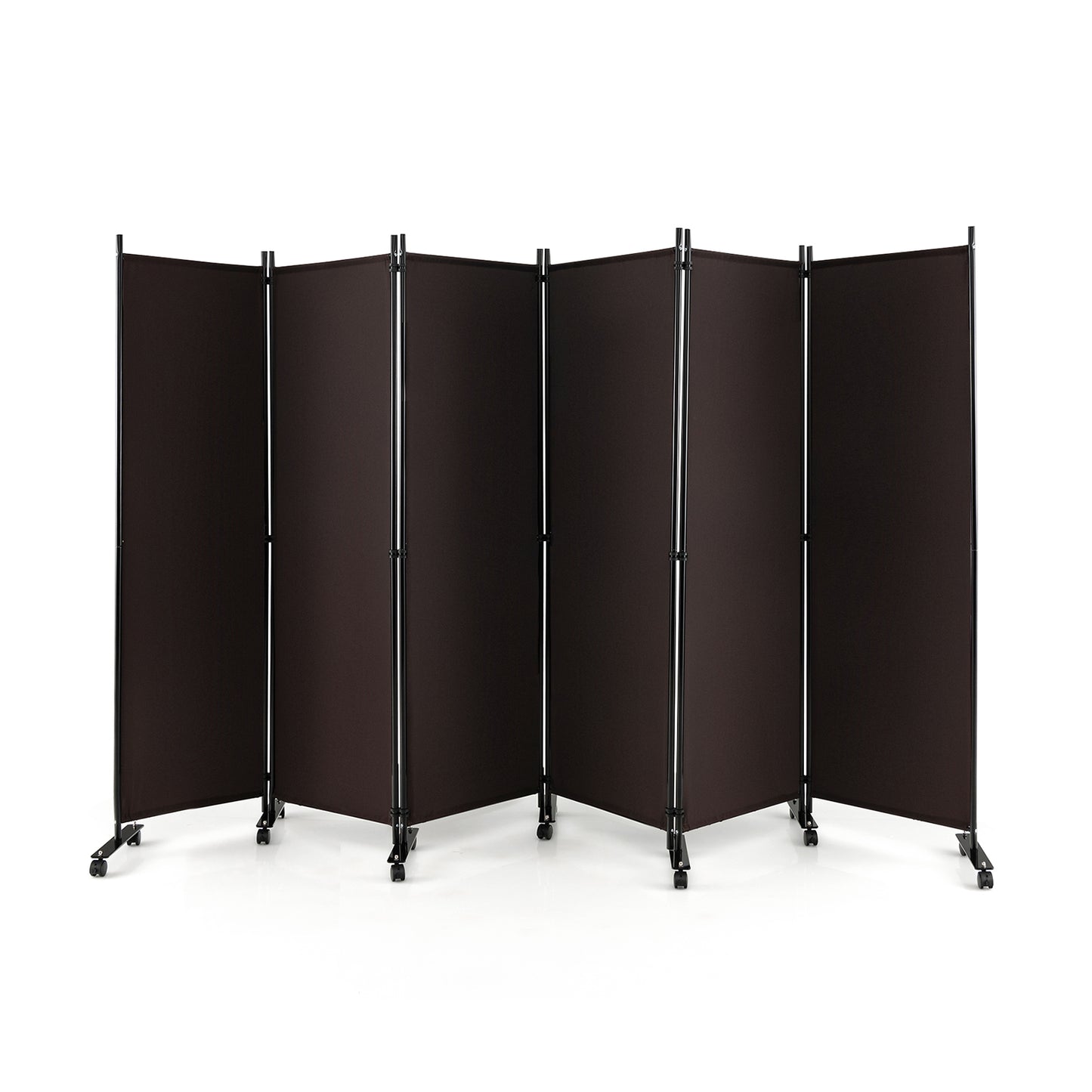 6 Panel 5.7 Feet Tall Rolling Room Divider on Wheels-Black - Brown