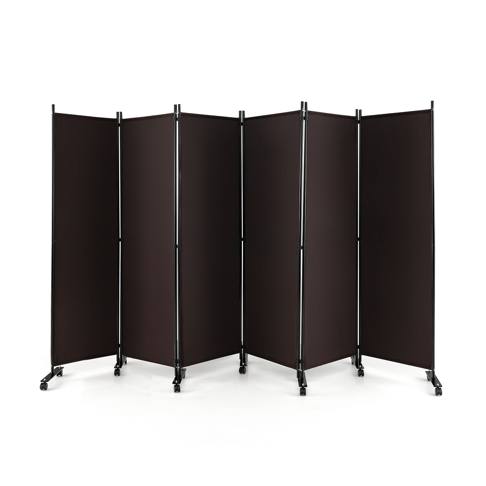 6 Panel 5.7 Feet Tall Rolling Room Divider on Wheels-Black - Brown