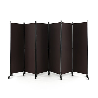 6 Panel 5.7 Feet Tall Rolling Room Divider on Wheels-Black - Brown