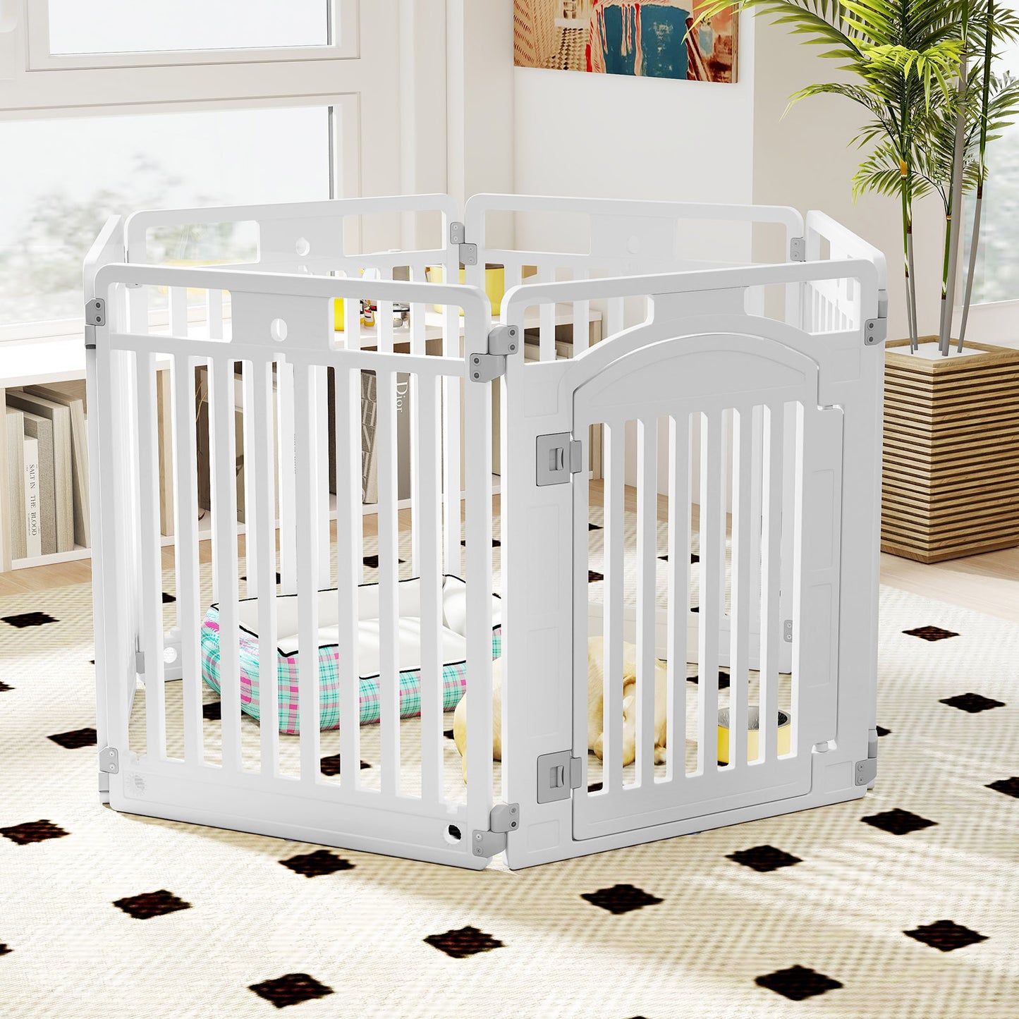 6-Panel Tall Dog Playpen Foldable Pet Fence with Locking Door-White