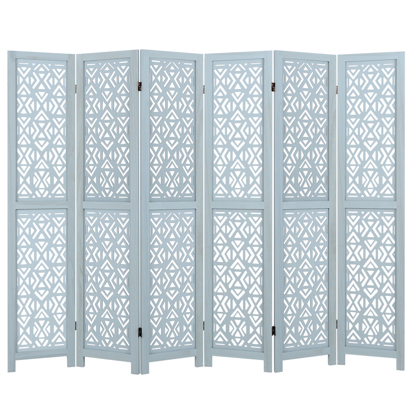 4/6 Panel Wooden Room Divider with Carved Cutout Pattern and Solid Wood Frame