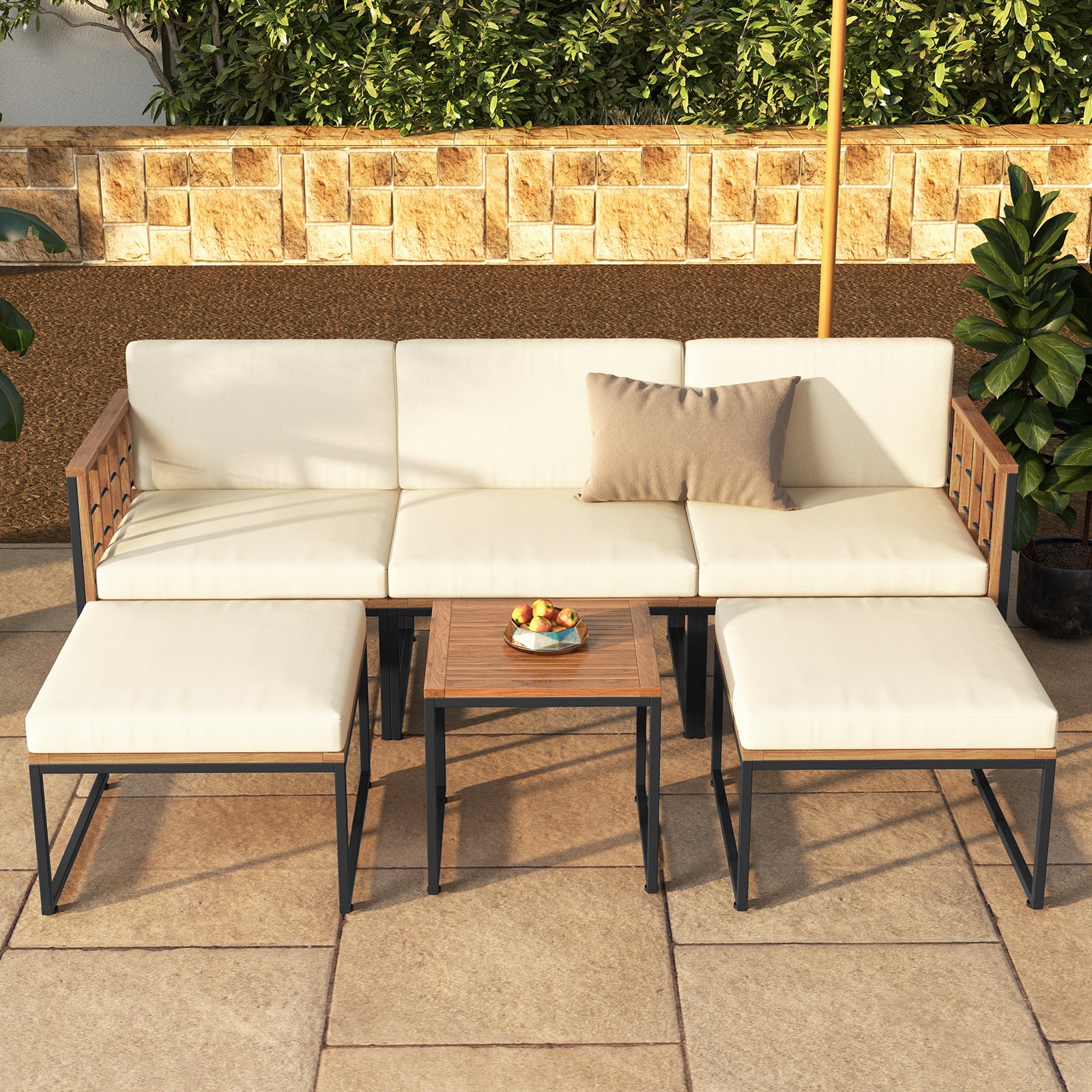 6 Pieces Acacia Wood Patio Furniture Set with Coffee Table and Ottomans-Beige
