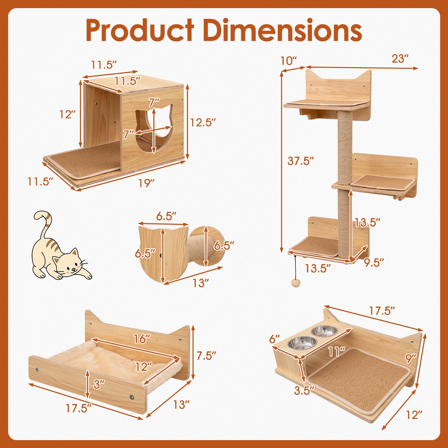 6 Pieces Cat Wall Furniture Set Kitten Wall Mounted Shelves-Natural