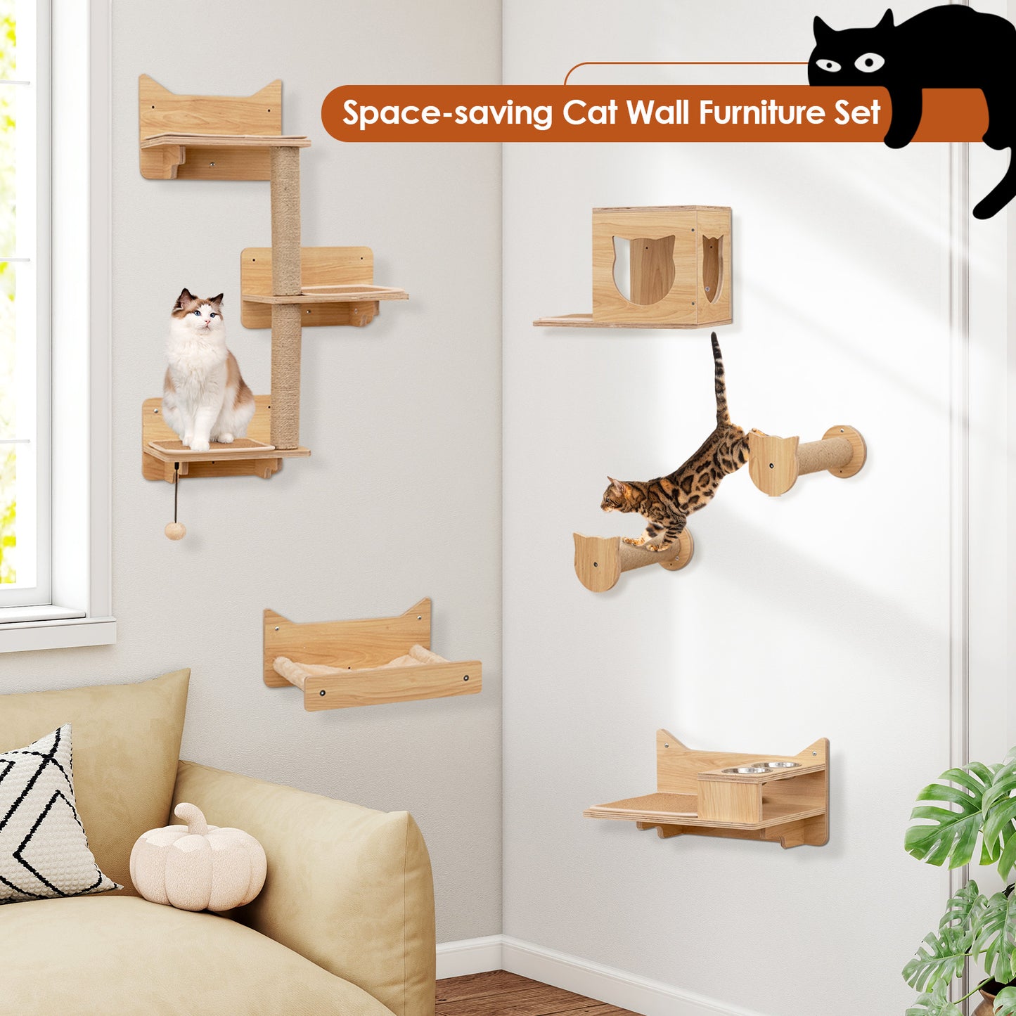 6 Pieces Cat Wall Furniture Set Kitten Wall Mounted Shelves-Natural