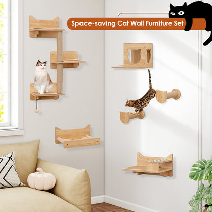 6 Pieces Cat Wall Furniture Set Kitten Wall Mounted Shelves-Natural