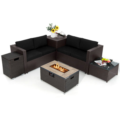 6 Pieces Outdoor Wicker Furniture Set with 32 Inch Propane Fire Pit Table-Beige - Black
