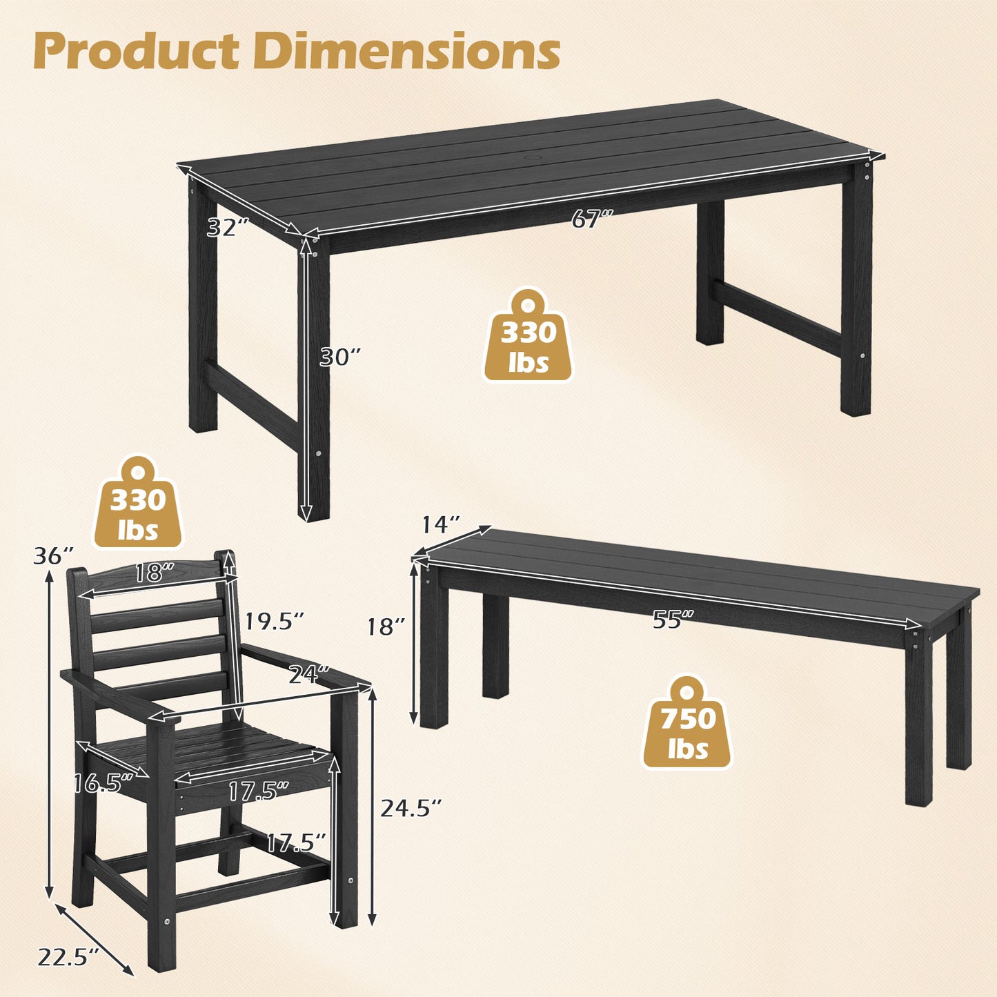 6 Pieces Patio Dining Bench Set Outdoor HDPE Weather Resistant Table and Chairs Set-Black
