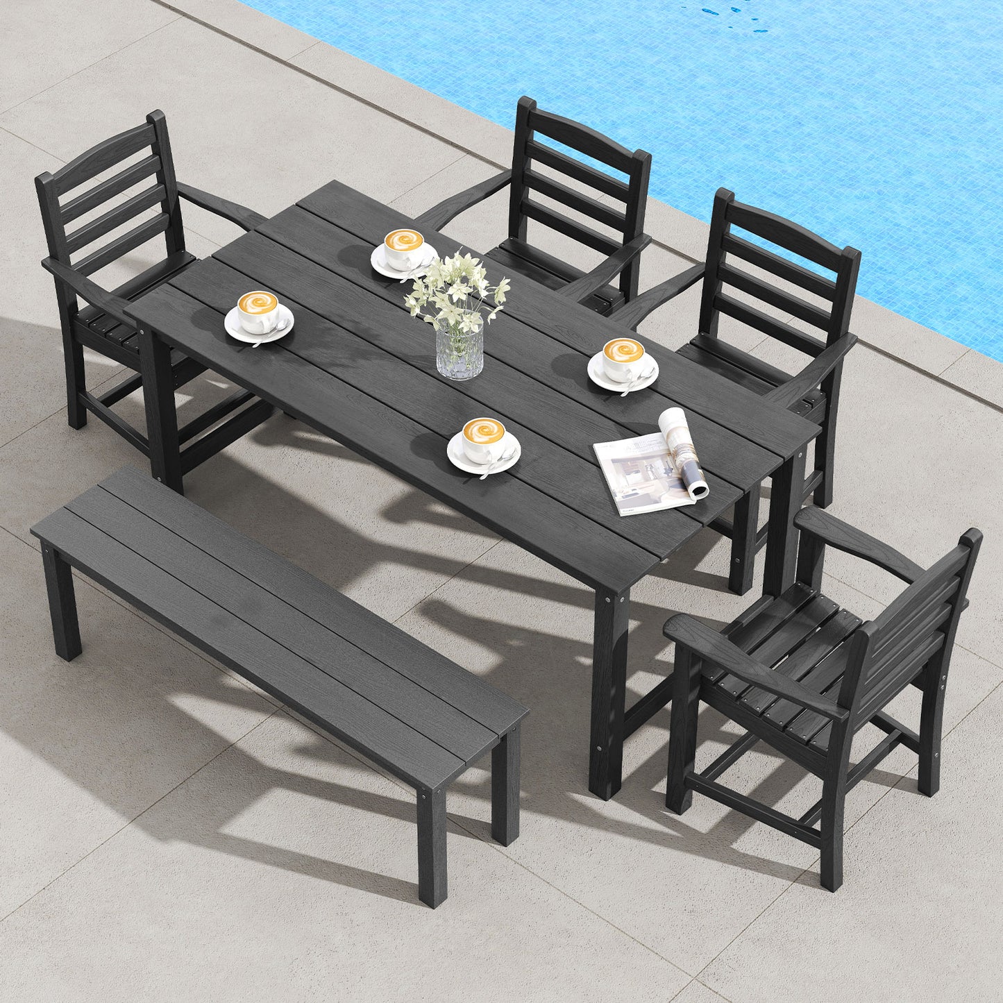 6 Pieces Patio Dining Bench Set Outdoor HDPE Weather Resistant Table and Chairs Set-Black