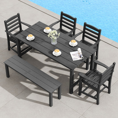 6 Pieces Patio Dining Bench Set Outdoor HDPE Weather Resistant Table and Chairs Set-Black